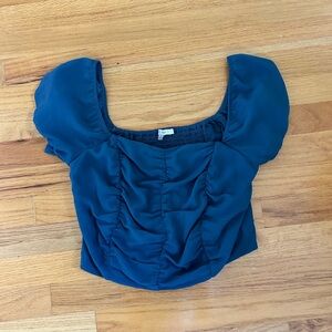 Love Tree Blue Ruched Puff Sleeve Blouse